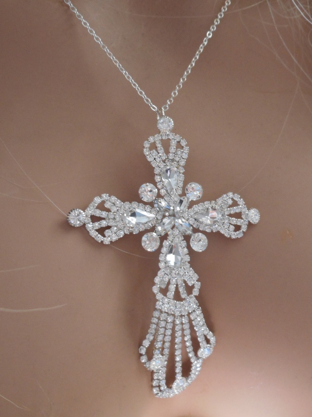 Large Flexible Cross Necklace Quality Clear Rhinestones Silver Plated 4"Pendant